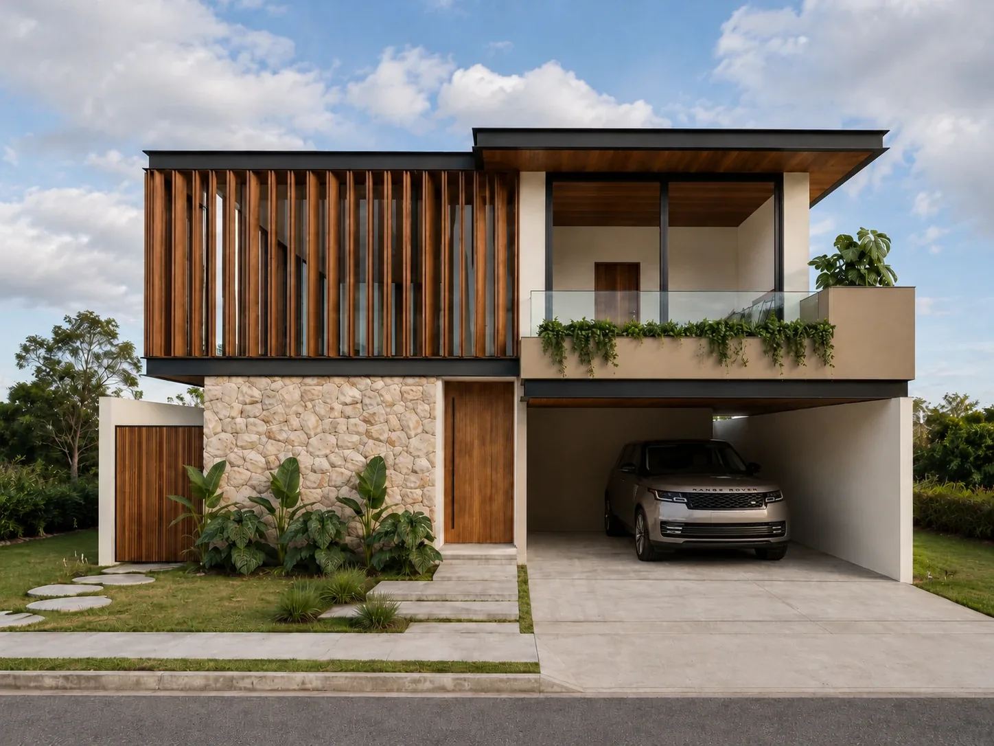Residência contemporânea com brise de madeira, pedra clara e garagem