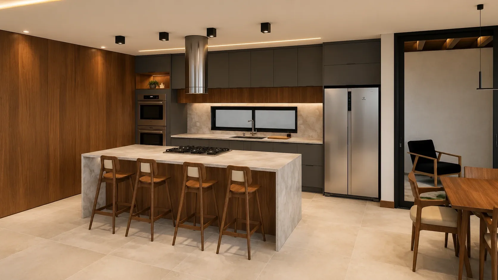 Cozinha e jantar contemporâneos com madeira e tons neutros