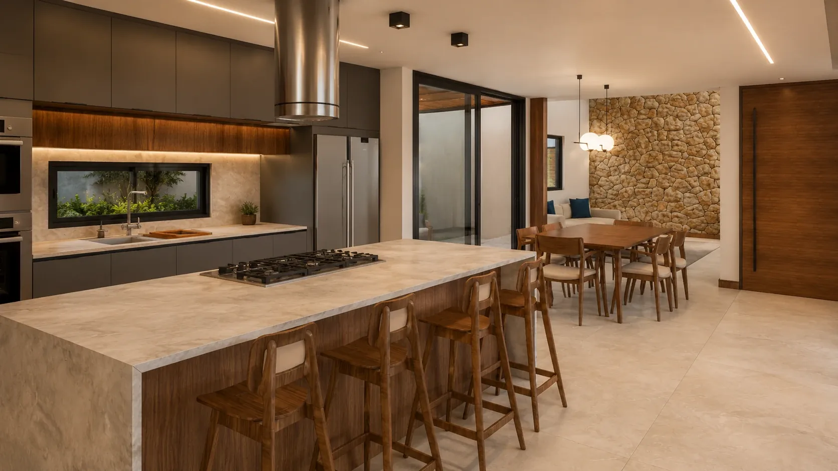 Cozinha e jantar integrados em residência contemporânea da Zocolan