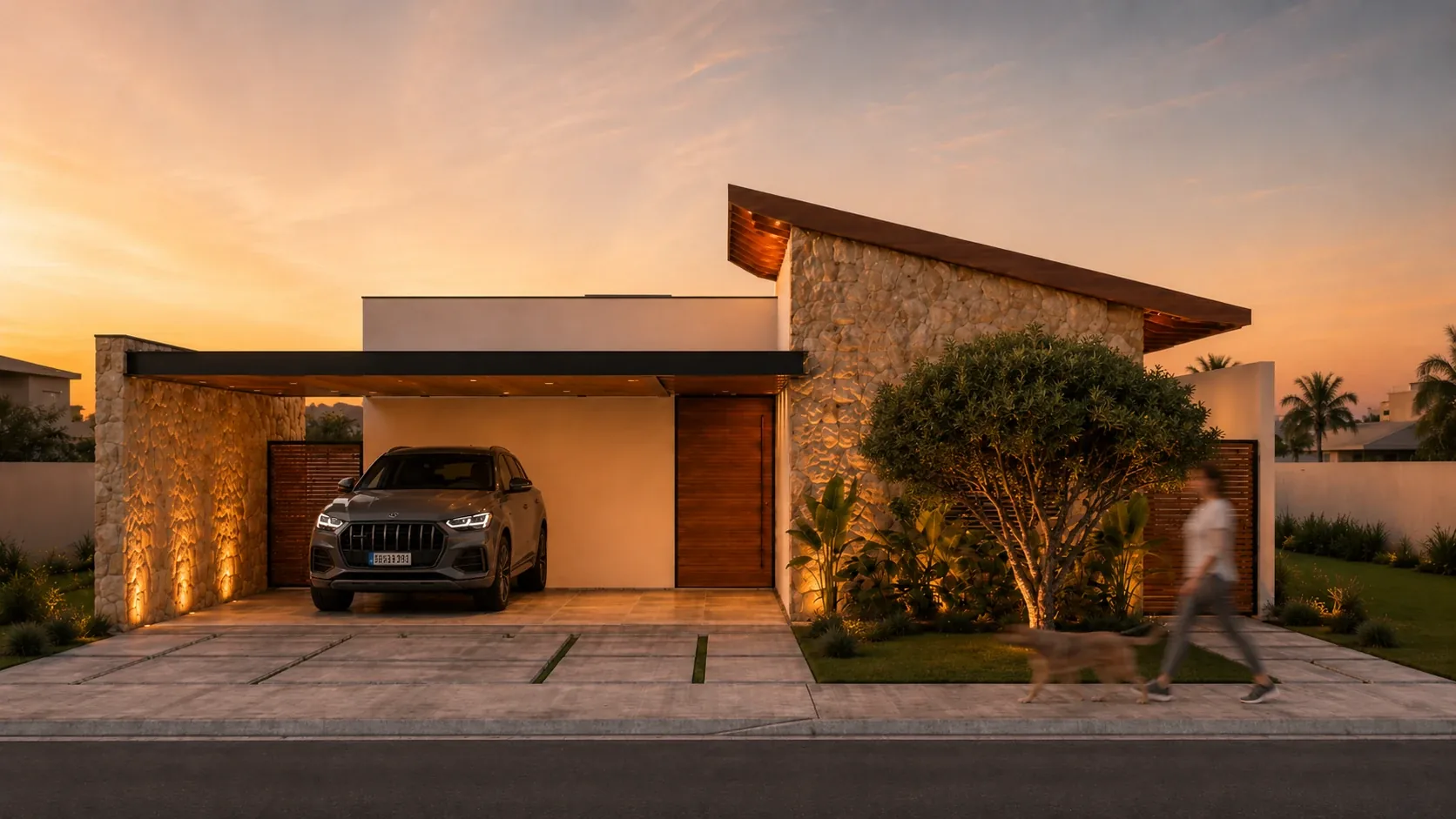 Residência térrea contemporânea da Zocolan ao entardecer, com pedra natural, madeira e paisagismo